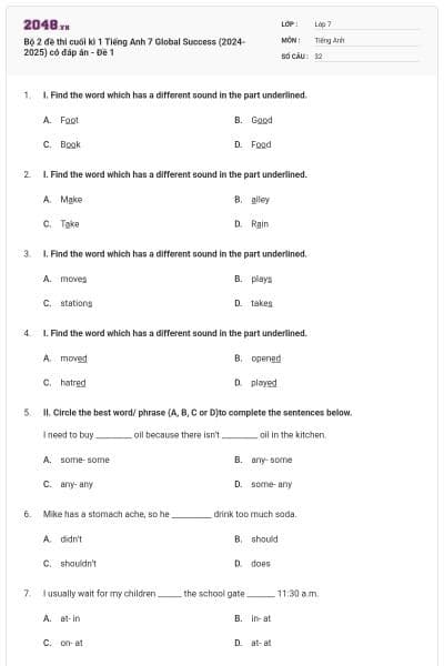 Bộ 2 đề thi cuối kì 1 Tiếng Anh 7 Global Success (2024-2025) có đáp án - Đề 1