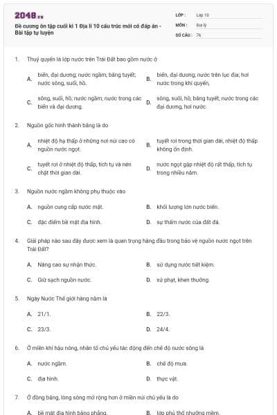 Đề cương ôn tập cuối kì 1 Địa lí 10 cấu trúc mới có đáp án - Bài tập tự luyện