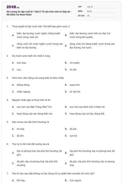 Đề cương ôn tập cuối kì 1 Địa lí 10 cấu trúc mới có đáp án - Đề kiểm tra tham khảo