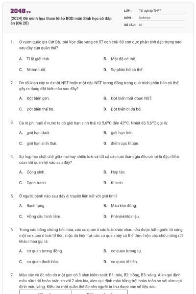 (2024) Đề minh họa tham khảo BGD môn Sinh học có đáp án (Đề 20)