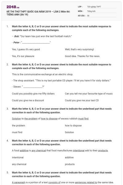 ĐỀ THI THỬ THPT QUỐC GIA NĂM 2019 – LẦN 2 Môn thi: TIẾNG ANH (Đề 19)