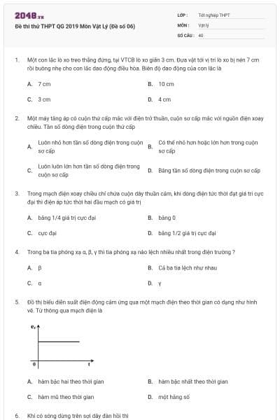 Đề thi thử THPT QG 2019 Môn Vật Lý (Đề số 06)