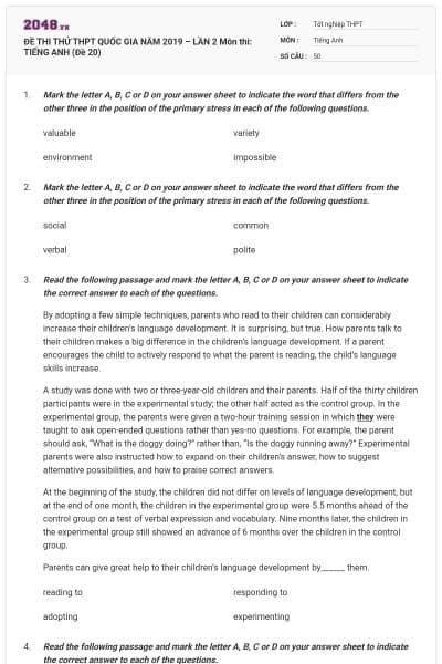 ĐỀ THI THỬ THPT QUỐC GIA NĂM 2019 – LẦN 2 Môn thi: TIẾNG ANH (Đề 20)