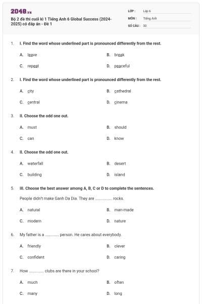 Bộ 2 đề thi cuối kì 1 Tiếng Anh 6 Global Success (2024-2025) có đáp án - Đề 1