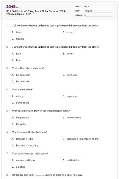 Bộ 2 đề thi cuối kì 1 Tiếng Anh 6 Global Success (2024-2025) có đáp án - Đề 2