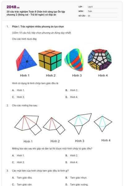 20 câu trắc nghiệm Toán 8 Chân trời sáng tạo Ôn tập chương 2 (Đúng sai - Trả lời ngắn) có đáp án