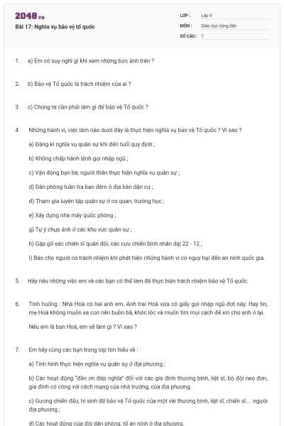 Bài 17: Nghĩa vụ bảo vệ tổ quốc