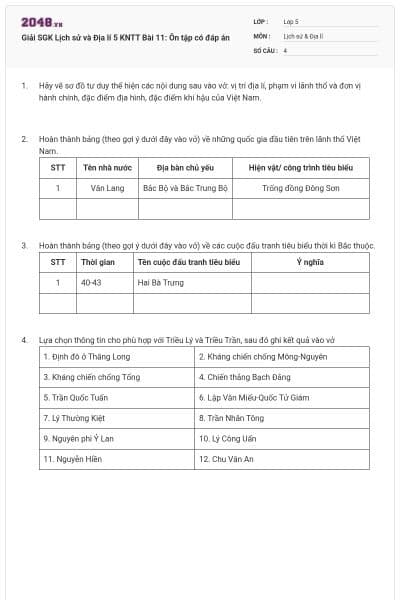 Giải SGK Lịch sử và Địa lí 5 KNTT Bài 11: Ôn tập có đáp án