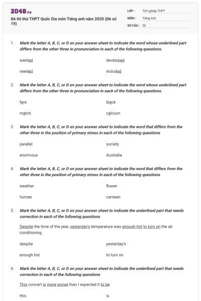 Đề thi thử THPT Quốc Gia môn Tiếng anh năm 2020 (Đề số 19)