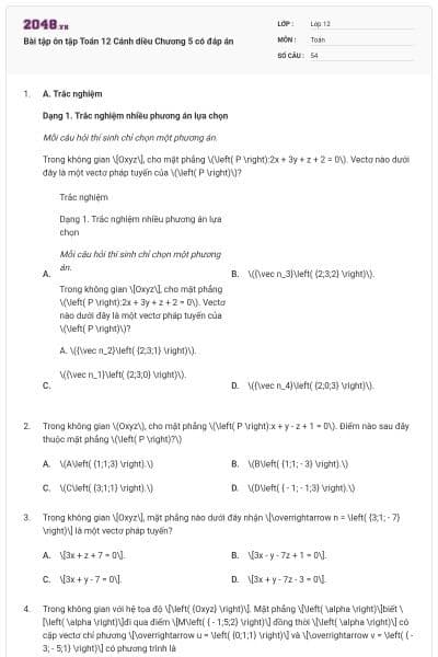 Bài tập ôn tập Toán 12 Cánh diều Chương 5 có đáp án