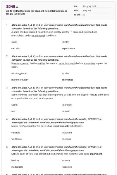 30 đề thi thử thpt quốc gia tiếng anh năm 2020 cực hay có lời giải (Đề số 28)