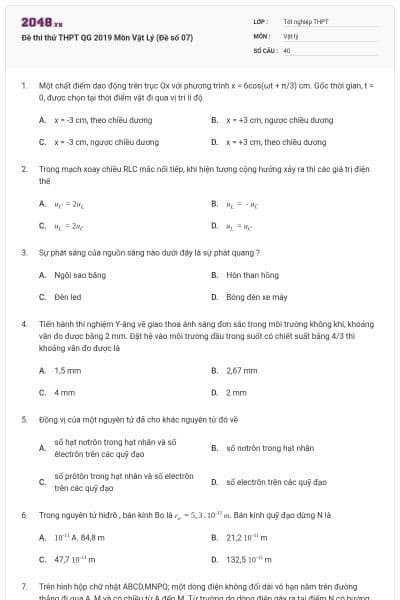 Đề thi thử THPT QG 2019 Môn Vật Lý (Đề số 07)