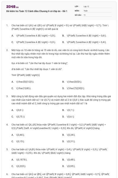 Đề kiểm tra Toán 12 Cánh diều Chương 6 có đáp án - Đề 1