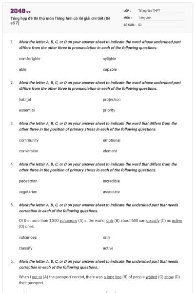 Tổng hợp đề thi thử môn Tiếng Anh có lời giải chi tiết (Đề số 7)