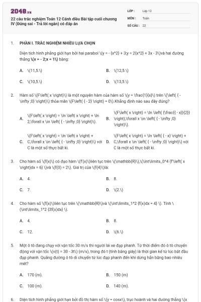 22 câu trắc nghiệm Toán 12 Cánh diều Bài tập cuối chương IV (Đúng sai - Trả lời ngắn) có đáp án
