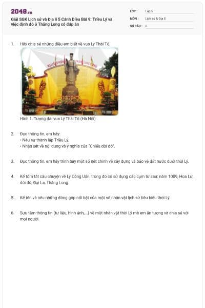 Giải SGK Lịch sử và Địa lí 5 Cánh Diều Bài 9: Triều Lý và việc định đô ở Thăng Long có đáp án