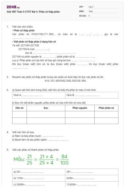 Giải VBT Toán 5 CTST Bài 4. Phân số thập phân