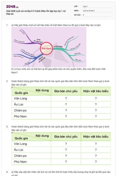 Giải SGK Lịch sử và Địa lí 5 Cánh Diều Ôn tập học kỳ 1 có đáp án