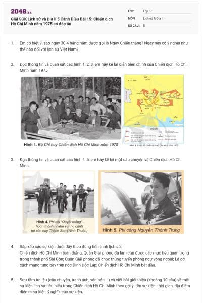 Giải SGK Lịch sử và Địa lí 5 Cánh Diều Bài 15: Chiến dịch Hồ Chí Minh năm 1975 có đáp án