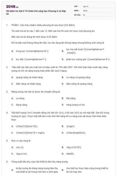 Đề kiểm tra Vật lí 10 Chân trời sáng tạo Chương 6 có đáp án
