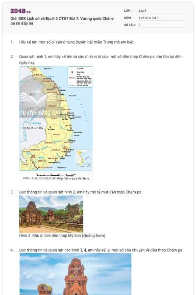 Giải SGK Lịch sử và Địa lí 5 CTST Bài 7: Vương quốc Chăm-pa có đáp án