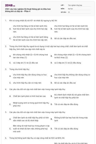 250+ câu trắc nghiệm Kỹ thuật thông gió và điều hoà không khí có đáp án - Phần 4