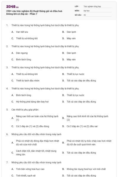 250+ câu trắc nghiệm Kỹ thuật thông gió và điều hoà không khí có đáp án - Phần 7