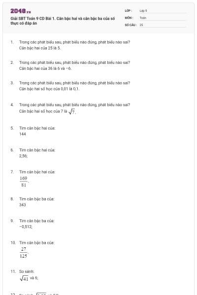 Giải SBT Toán 9 CD Bài 1. Căn bậc hai và căn bậc ba của số thực có đáp án