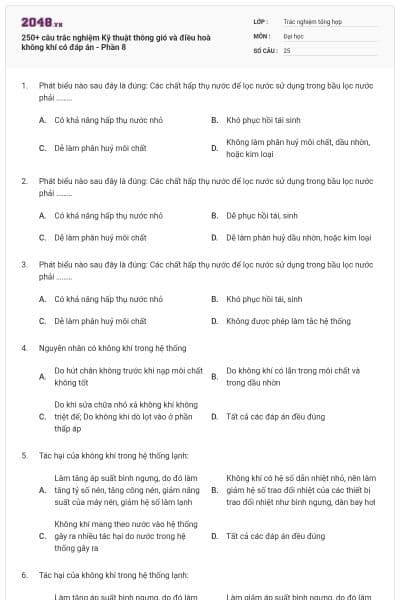 250+ câu trắc nghiệm Kỹ thuật thông gió và điều hoà không khí có đáp án - Phần 8