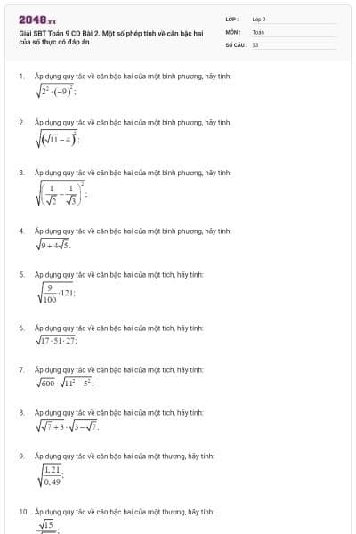 Giải SBT Toán 9 CD Bài 2. Một số phép tính về căn bậc hai của số thực có đáp án