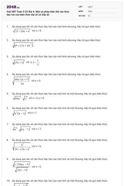 Giải SBT Toán 9 CD Bài 4. Một số phép biến đổi căn thức bậc hai của biểu thức đại số có đáp án