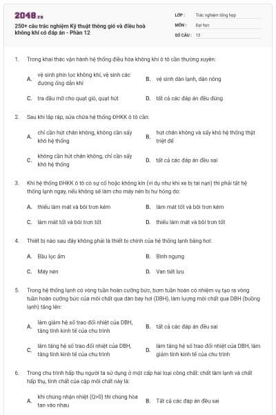 250+ câu trắc nghiệm Kỹ thuật thông gió và điều hoà không khí có đáp án - Phần 12