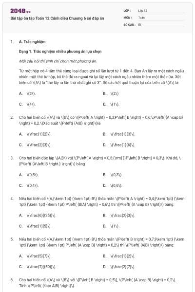 Bài tập ôn tập Toán 12 Cánh diều Chương 6 có đáp án