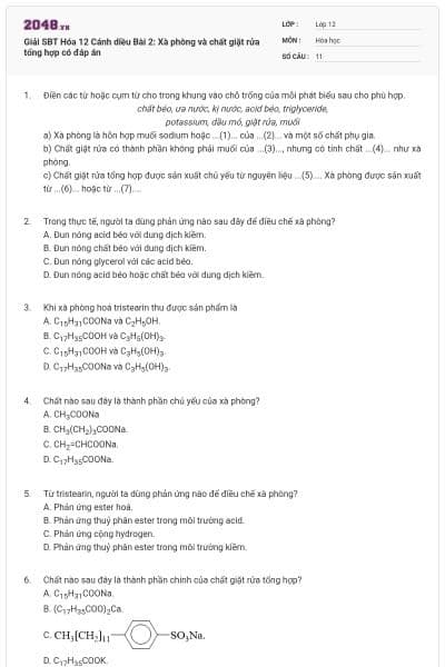 Giải SBT Hóa 12 Cánh diều Bài 2: Xà phòng và chất giặt rửa tổng hợp có đáp án