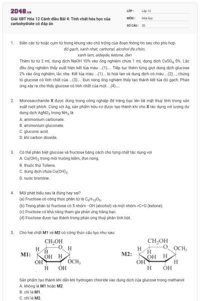 Giải SBT Hóa 12 Cánh diều Bài 4: Tính chất hóa học của carbohydrate có đáp án