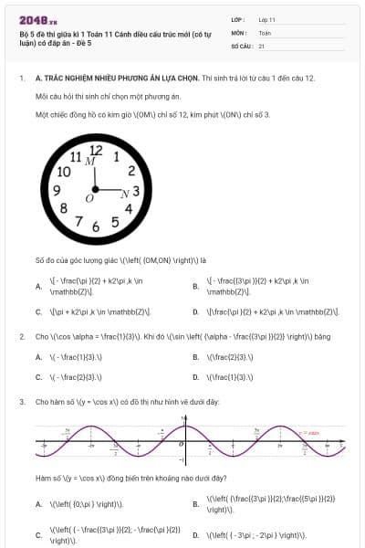 Bộ 5 đề thi giữa kì 1 Toán 11 Cánh diều cấu trúc mới (có tự luận) có đáp án - Đề 5