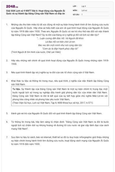 Giải SGK Lịch sử 9 KNTT Bài 6: Hoạt động của Nguyễn Ái Quốc và sự thành lập Đảng Công sản Việt Nam có đáp án