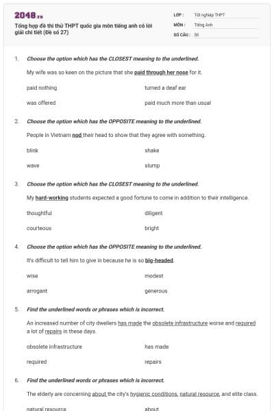 Tổng hợp đề thi thử THPT quốc gia môn tiếng anh có lời giải chi tiết (Đề số 27)