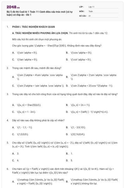 Bộ 5 đề thi Cuối kì 1 Toán 11 Cánh diều cấu trúc mới (có tự luận) có đáp án - Đề 1