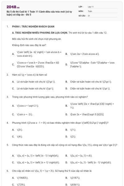 Bộ 5 đề thi Cuối kì 1 Toán 11 Cánh diều cấu trúc mới (có tự luận) có đáp án - Đề 5