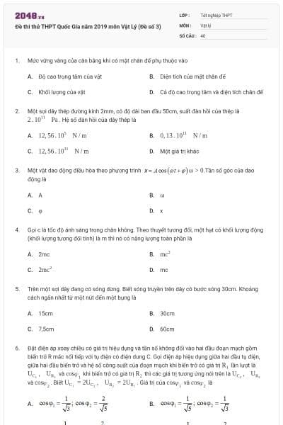 Đề thi thử THPT Quốc Gia năm 2019 môn Vật Lý (Đề số 3)