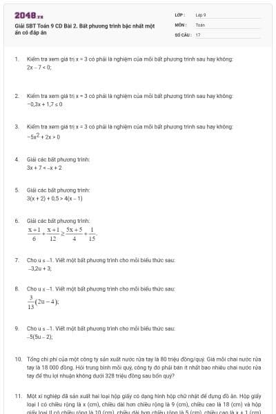 Giải SBT Toán 9 CD Bài 2. Bất phương trình bậc nhất một ẩn có đáp án