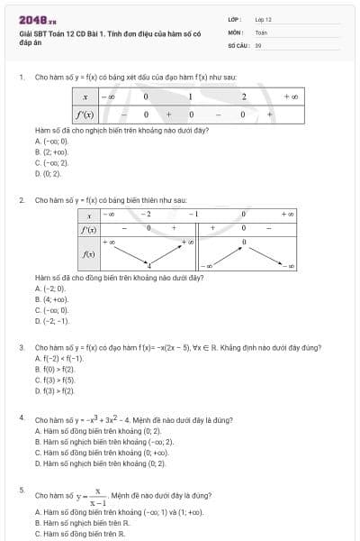 Giải SBT Toán 12 CD Bài 1. Tính đơn điệu của hàm số có đáp án