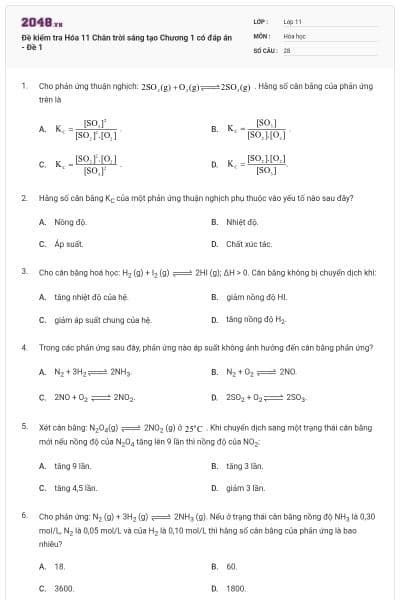 Đề kiểm tra Hóa 11 Chân trời sáng tạo Chương 1 có đáp án - Đề 1
