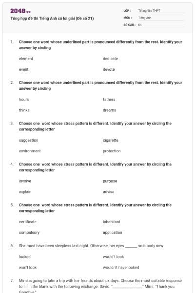 Tổng hợp đề thi Tiếng Anh có lời giải (Đề số 21)