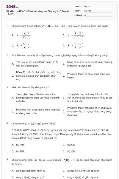 Đề kiểm tra Hóa 11 Chân trời sáng tạo Chương 1 có đáp án - Đề 2