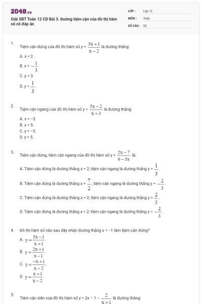 Giải SBT Toán 12 CD Bài 3. Đường tiệm cận của đồ thị hàm số có đáp án