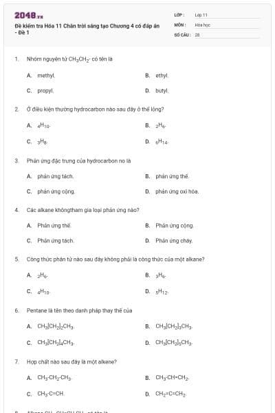 Đề kiểm tra Hóa 11 Chân trời sáng tạo Chương 4 có đáp án - Đề 1