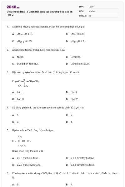 Đề kiểm tra Hóa 11 Chân trời sáng tạo Chương 4 có đáp án - Đề 2
