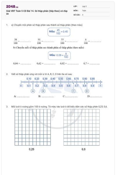 Giải VBT Toán 5 CD Bài 14. Số thập phân (tiếp theo) có đáp án